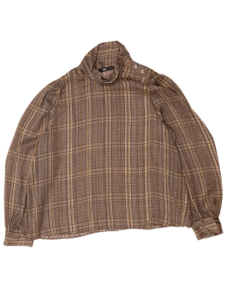 Zara Dame Pullover Langærmet Skjorte Bluse UK 16 Stor brun ternet