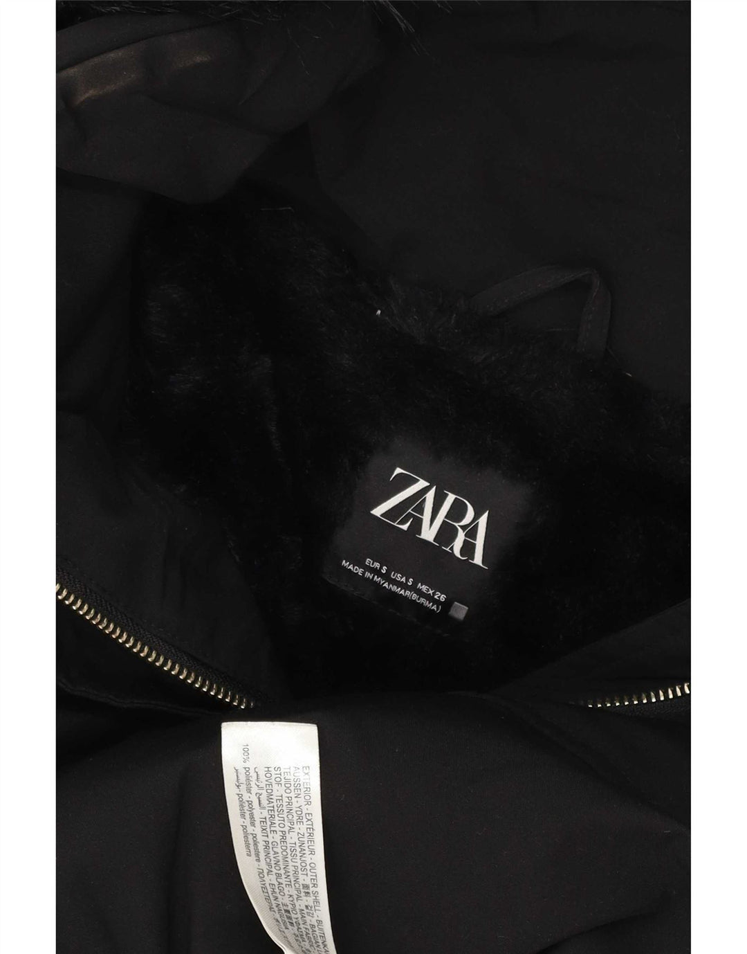 Zara Dame Hætte Polstret Frakke UK 10 Small Black Polyester