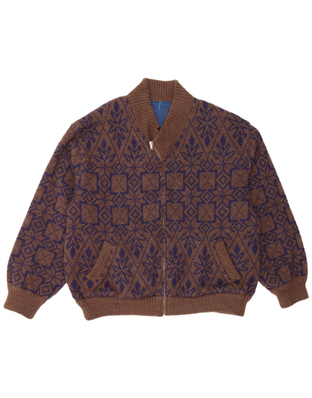 VINTAGE Herre vendbar cardigan sweater XL Brown Fair Isle