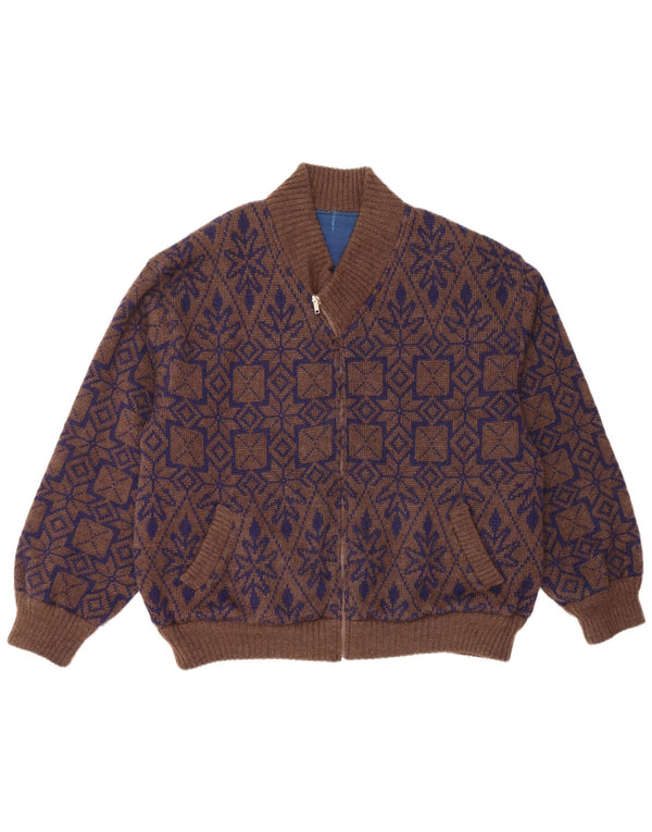 VINTAGE Herre vendbar cardigan sweater XL Brown Fair Isle