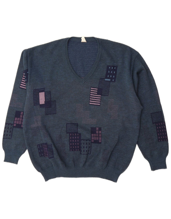 Vintage Herre V-hals sweater IT 52 Stor Marineblå Geometrisk