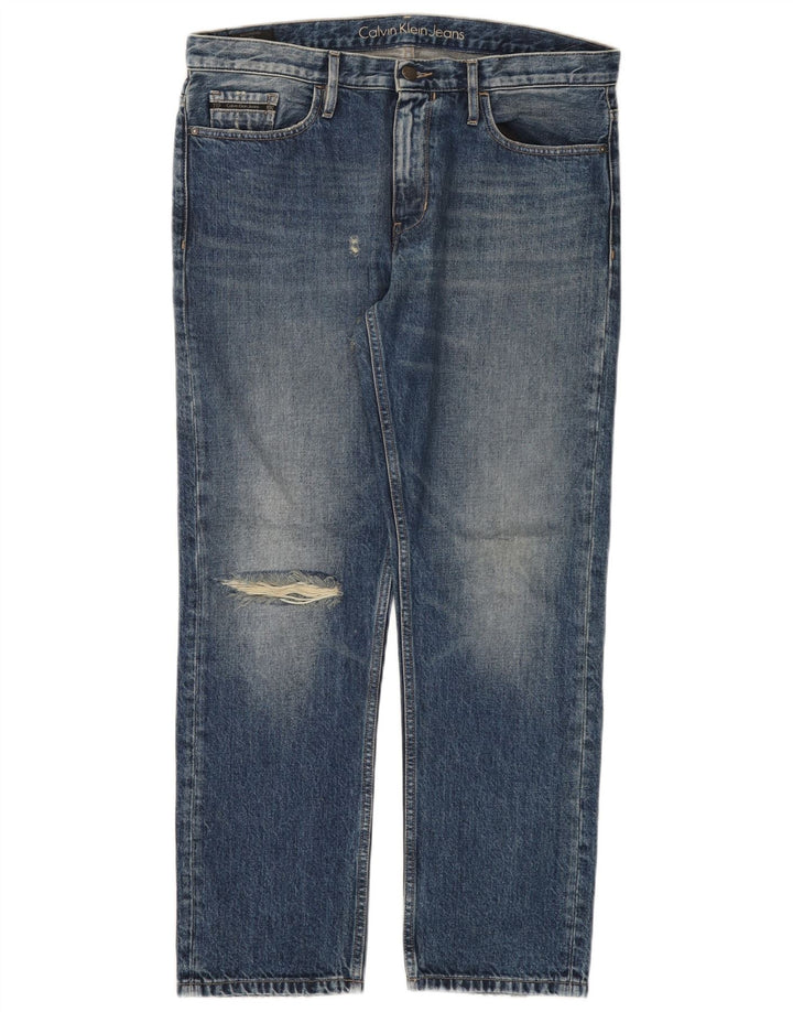 CALVIN KLEIN Herre Kæreste Distressed Straight Jeans W30 L30 Blå Bomuld