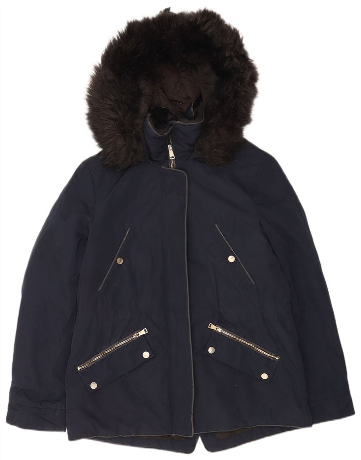 Zara Dame Hooded Parka Jacket UK 14 Medium Navy Blue