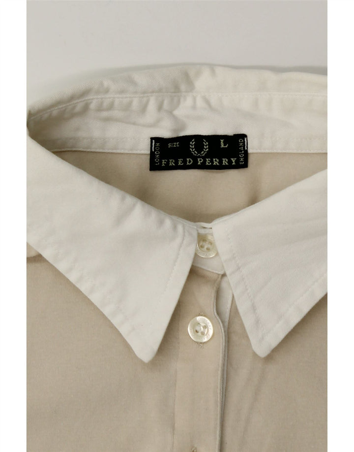 FRED PERRY trøje med 3/4 ærmer til kvinder UK 14 Stor beige farveblok