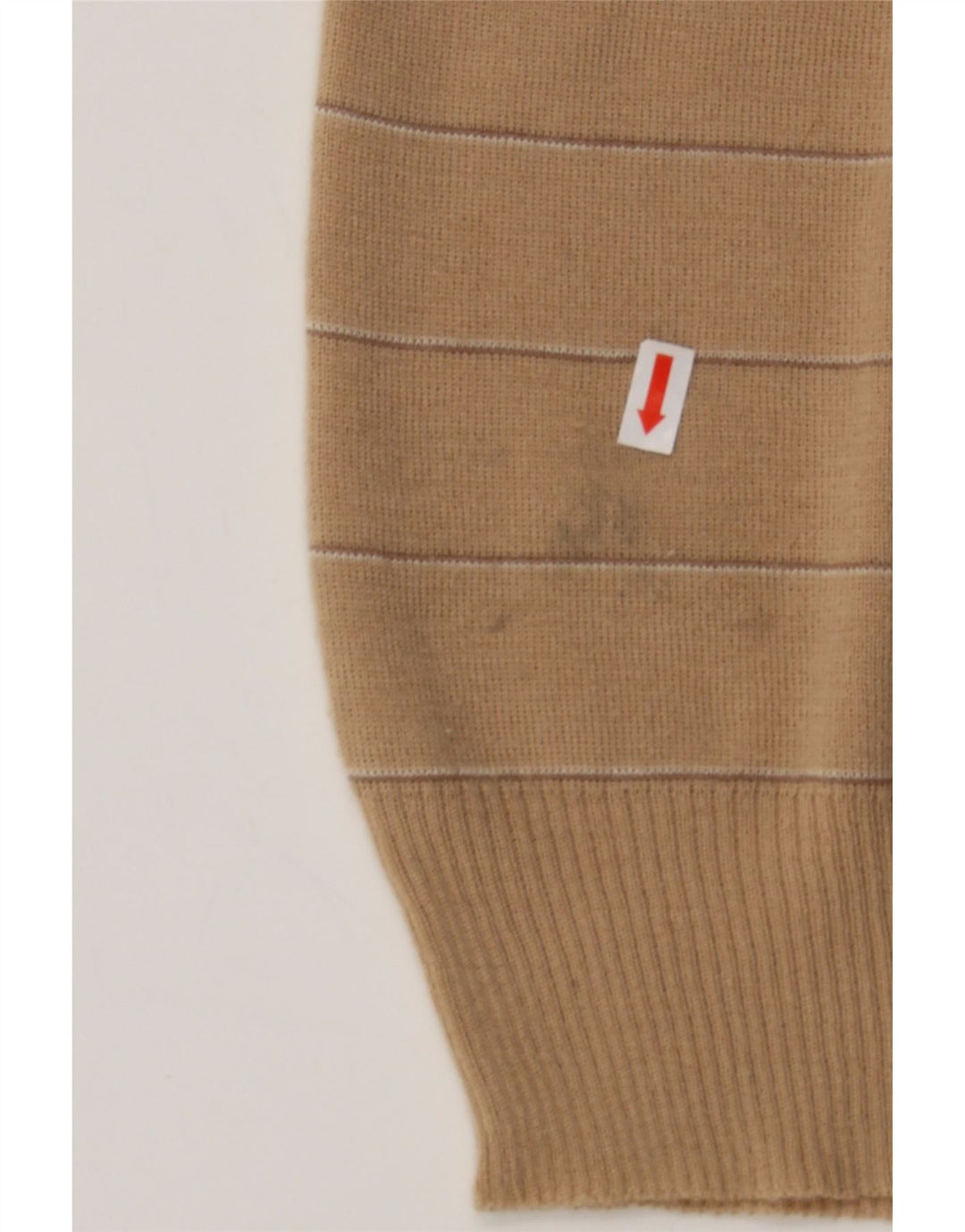 VINTAGE Mens Polo Neck Jumper Sweater Medium Beige Striped Vintage Vintage and Second-Hand Vintage from Messina Hembry 