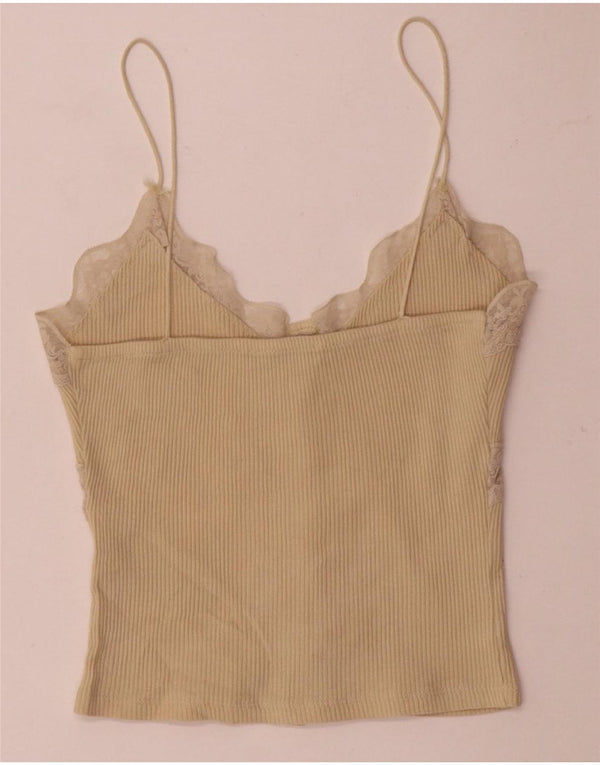 Zara Womens Crop Cami Top UK 8 Small Beige Floral Cotton