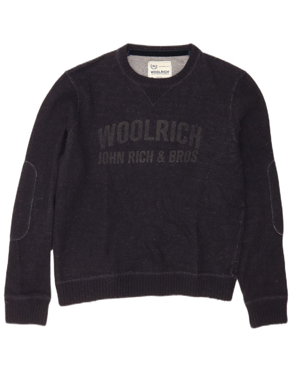 Woolrich Herre Grafisk Boat Neck Jumper Sweater Medium Navy Blue Uld