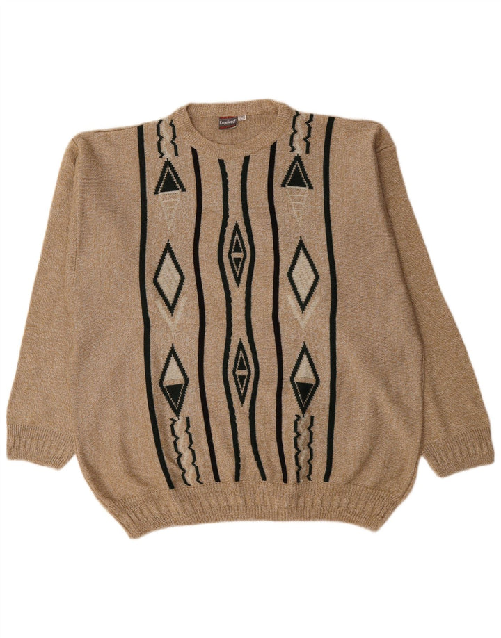 VINTAGE Mens Crew Neck Jumper Sweater 2XL Beige Geometric
