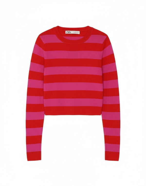 Zara Womens Crop Boat Neck Jumper Sweater UK 8 Small Pink Striped