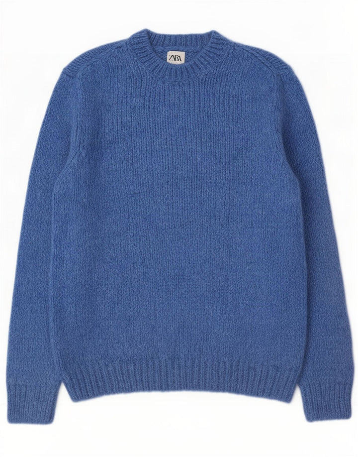 Zara Herre Crew Neck Jumper Sweater Medium Blue Akryl