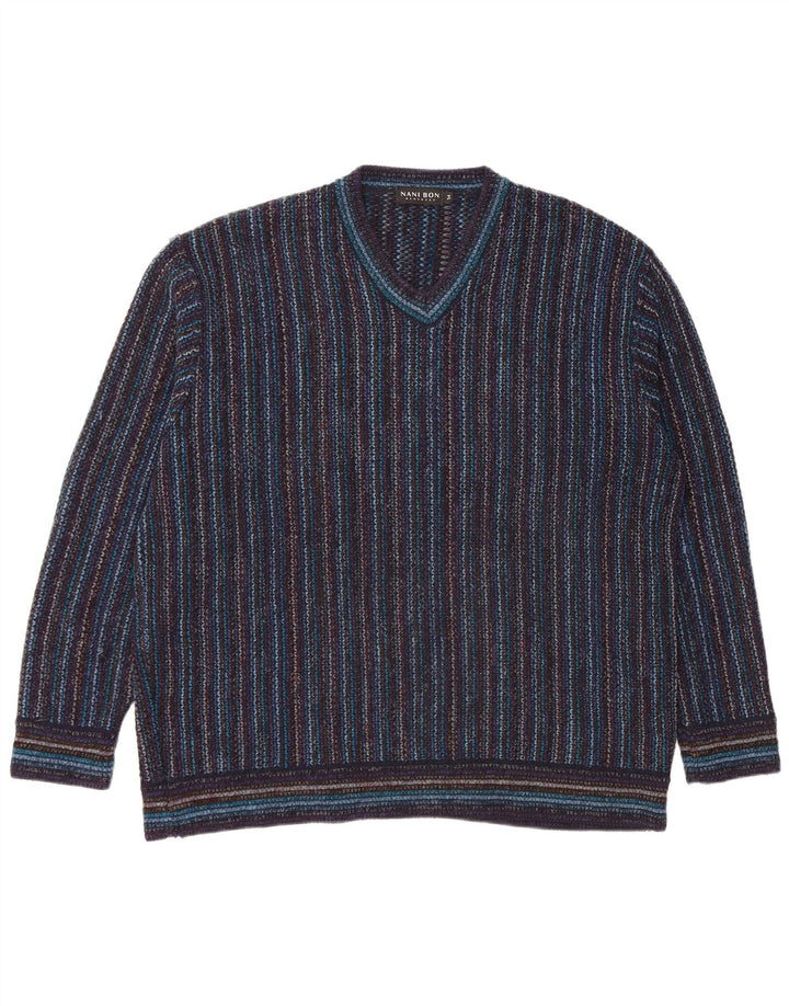NANI BON Herre V-hals sweater IT 54 XL Marineblå stribet akryl