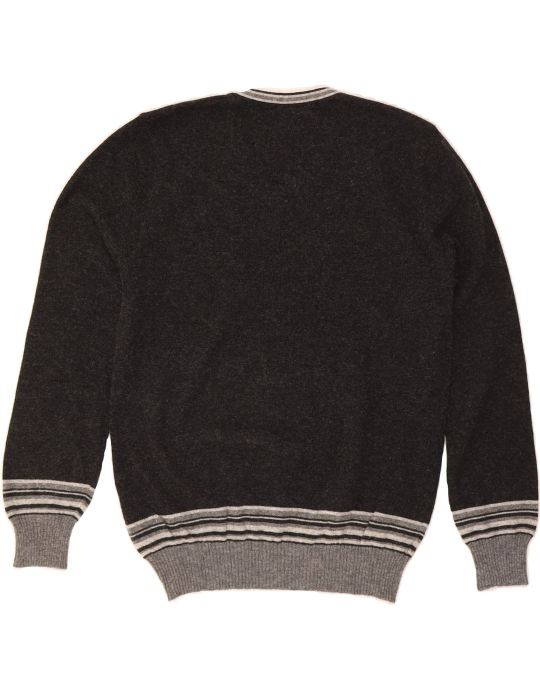 SISLEY Mens V-Neck Jumper Sweater Medium Grey Striped Wool Vintage Sisley and Second-Hand Sisley from Messina Hembry 