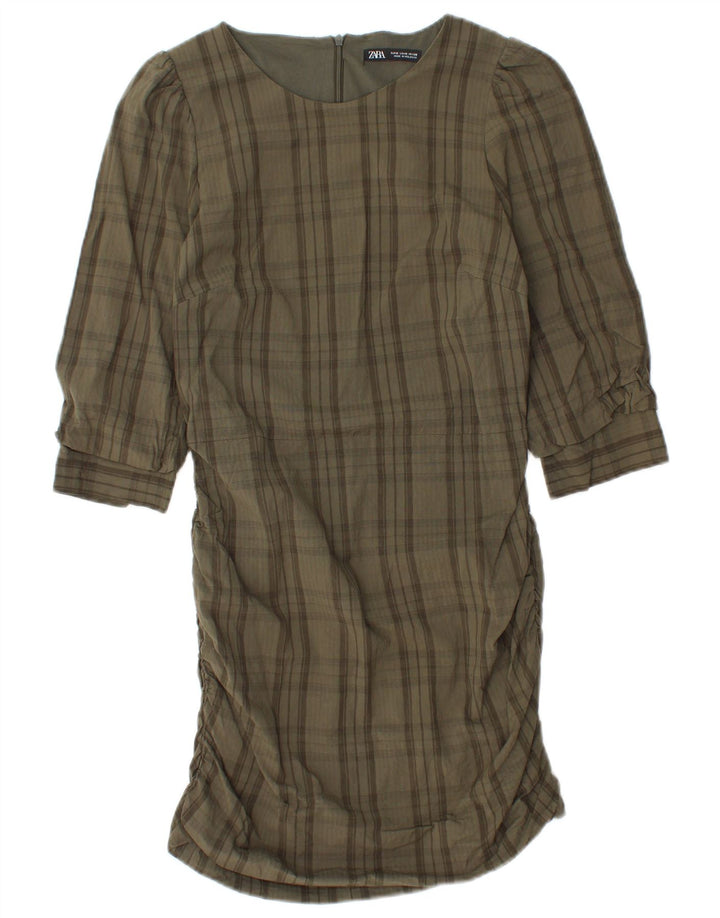 Zara Dame 3/4 Ærm Shift Dress UK 12 Medium Khaki Ternet viskose
