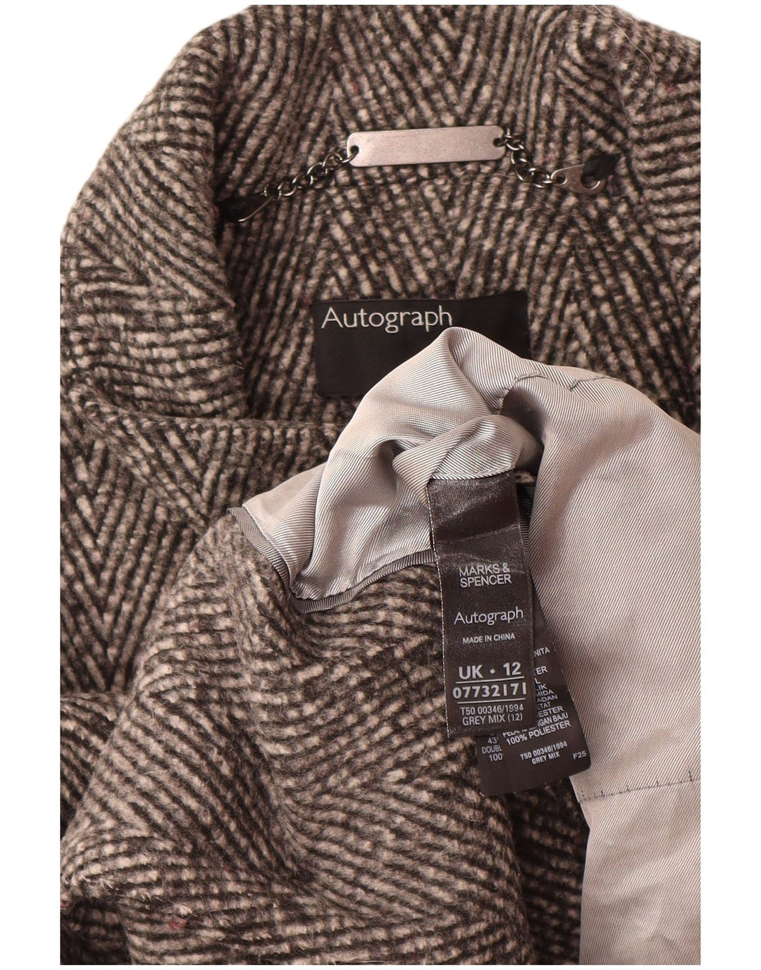 Marks & Spencer Womens Autograph Overcoat UK 12 Medium Grey Herringbone