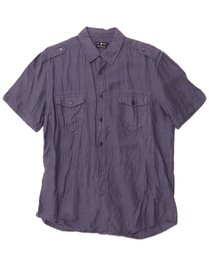 VINTAGE Herre Militær Kortærmet Skjorte Large Navy Blue