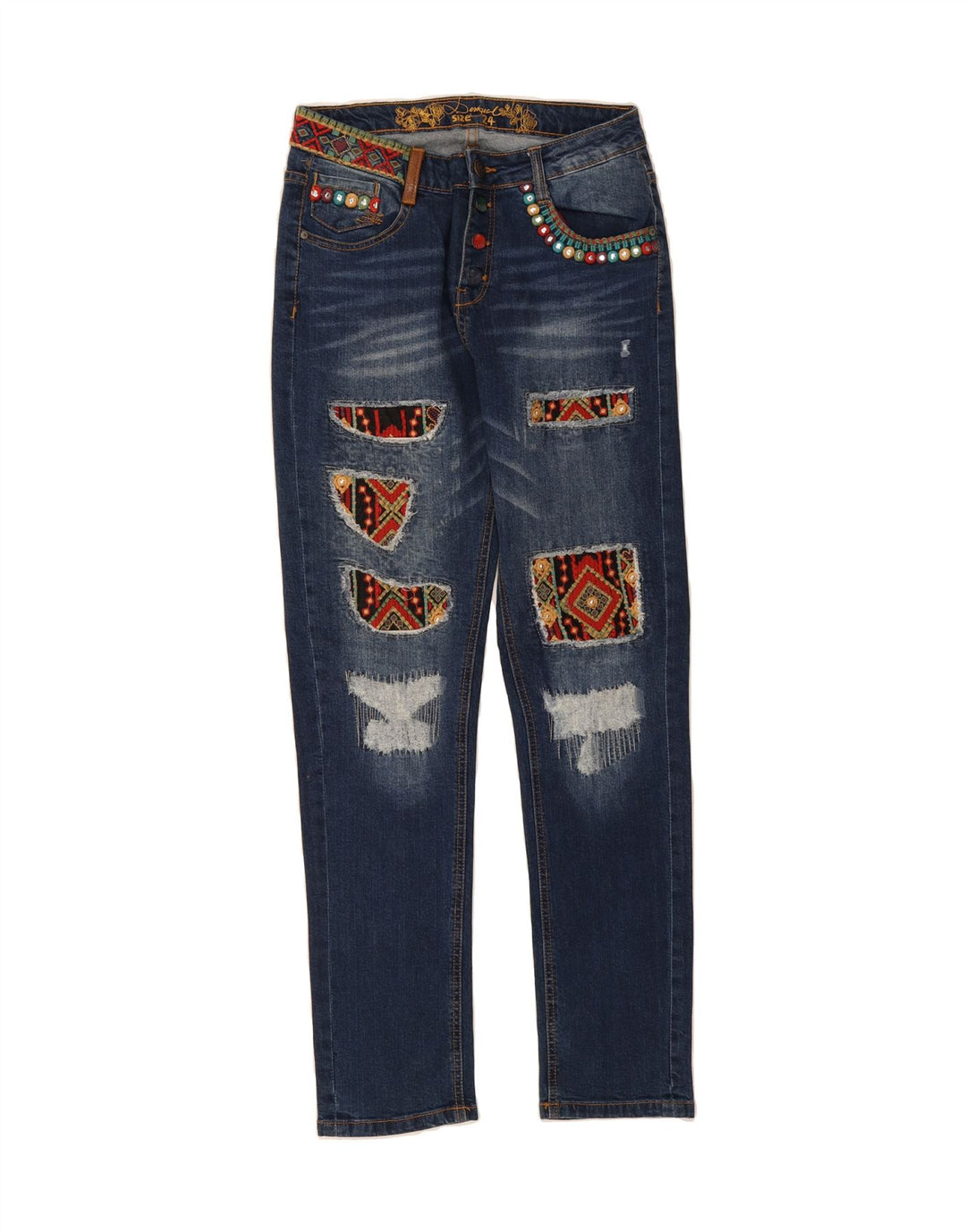 DESIGUAL Womens Slim Jeans W24 L29 Blue Patchwork Cotton Vintage Desigual and Second-Hand Desigual from Messina Hembry 