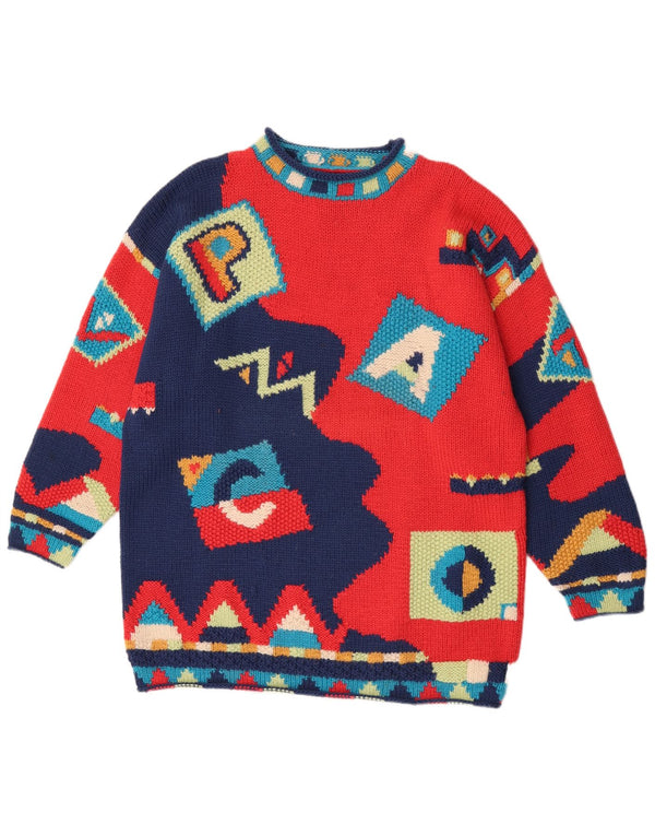 Vintage Dame Turtle Neck Jumper Sweater UK 16 Large Red Geometric Novelty