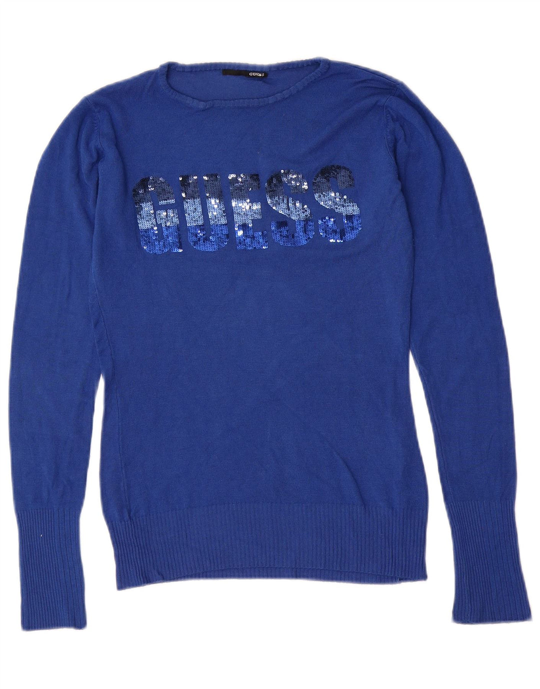 GUESS Dame grafisk bådhals sweater UK 12 Medium Blue Viscose