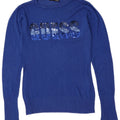 GUESS Dame grafisk bådhals sweater UK 12 Medium Blue Viscose