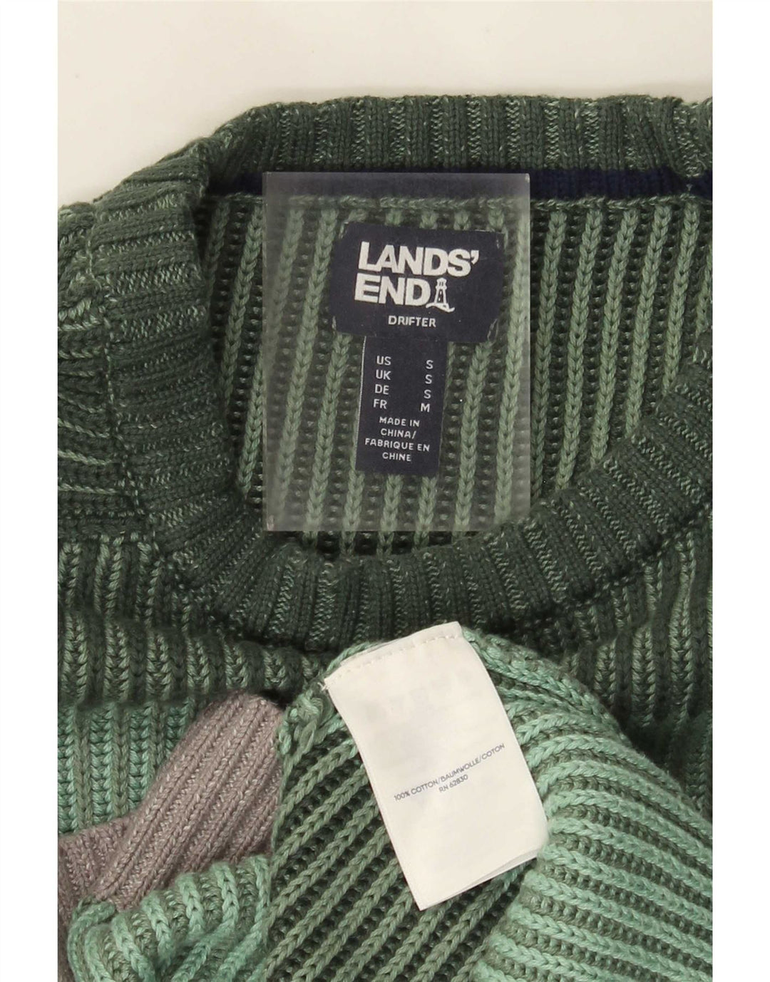 Lands End Herre Crew Neck Jumper Sweater Lille Grøn Stribet Bomuld