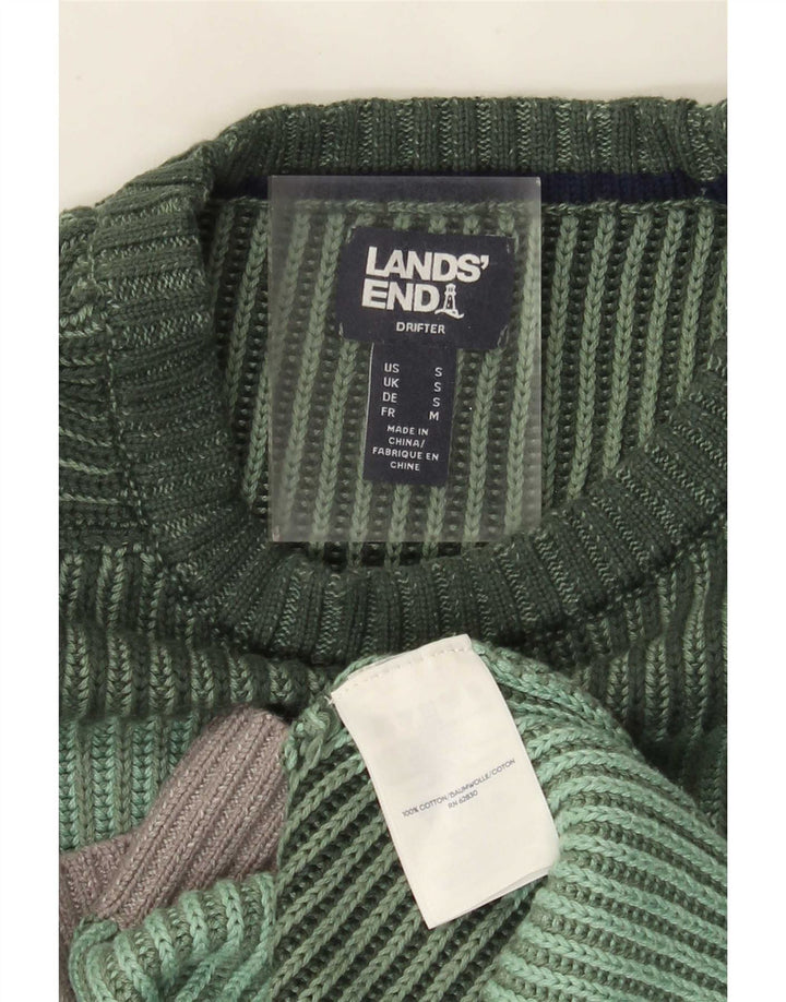 Lands End Herre Crew Neck Jumper Sweater Lille Grøn Stribet Bomuld