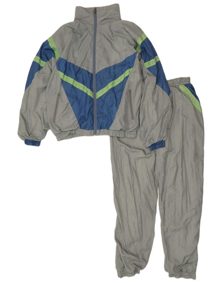 Vintage fuld træningsdragt til mænd, stor grå farveblok nylon