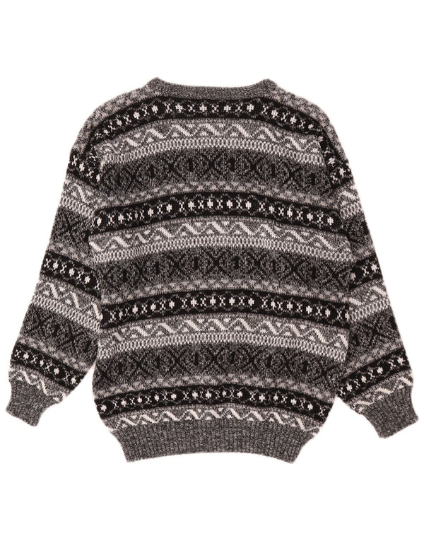 Vintage Dame Boat Neck Jumper Sweater UK 16 Large Grey Fair Isle Akryl