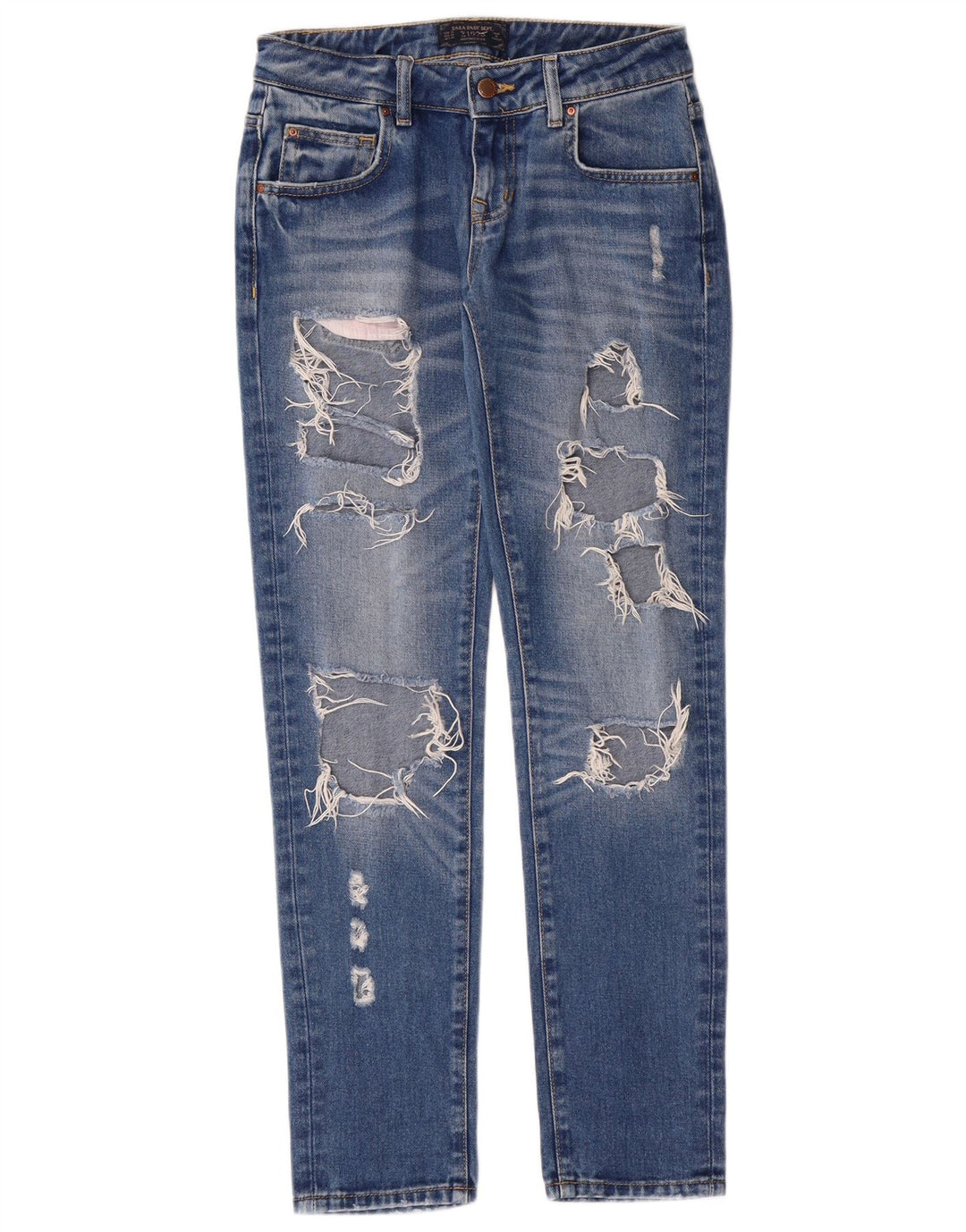 Zara Dame Distressed Tapered Jeans EU 34 2XS W24 L30 Blue Grunge