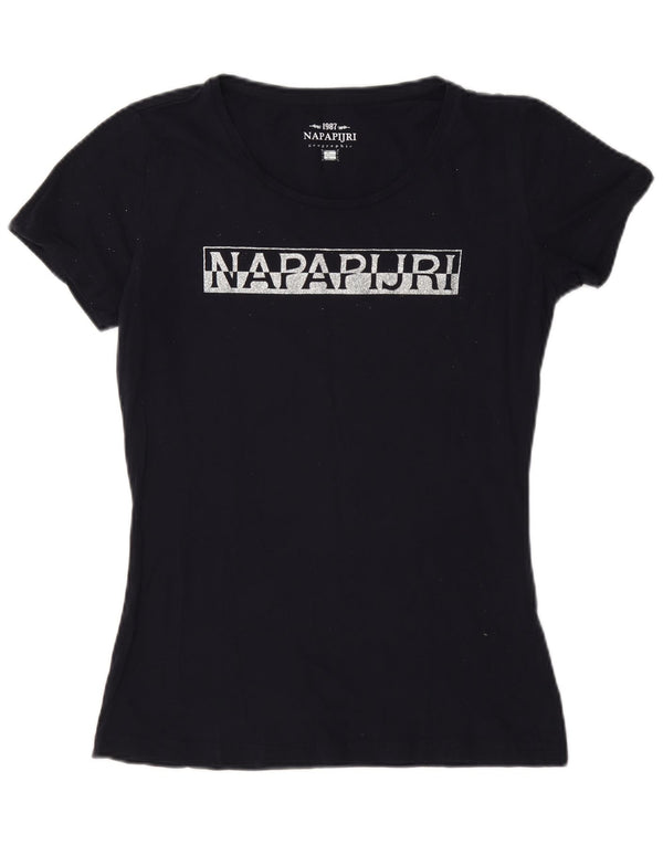 Napapijri Dame Grafisk T-Shirt Top UK 10 Small Navy Blue