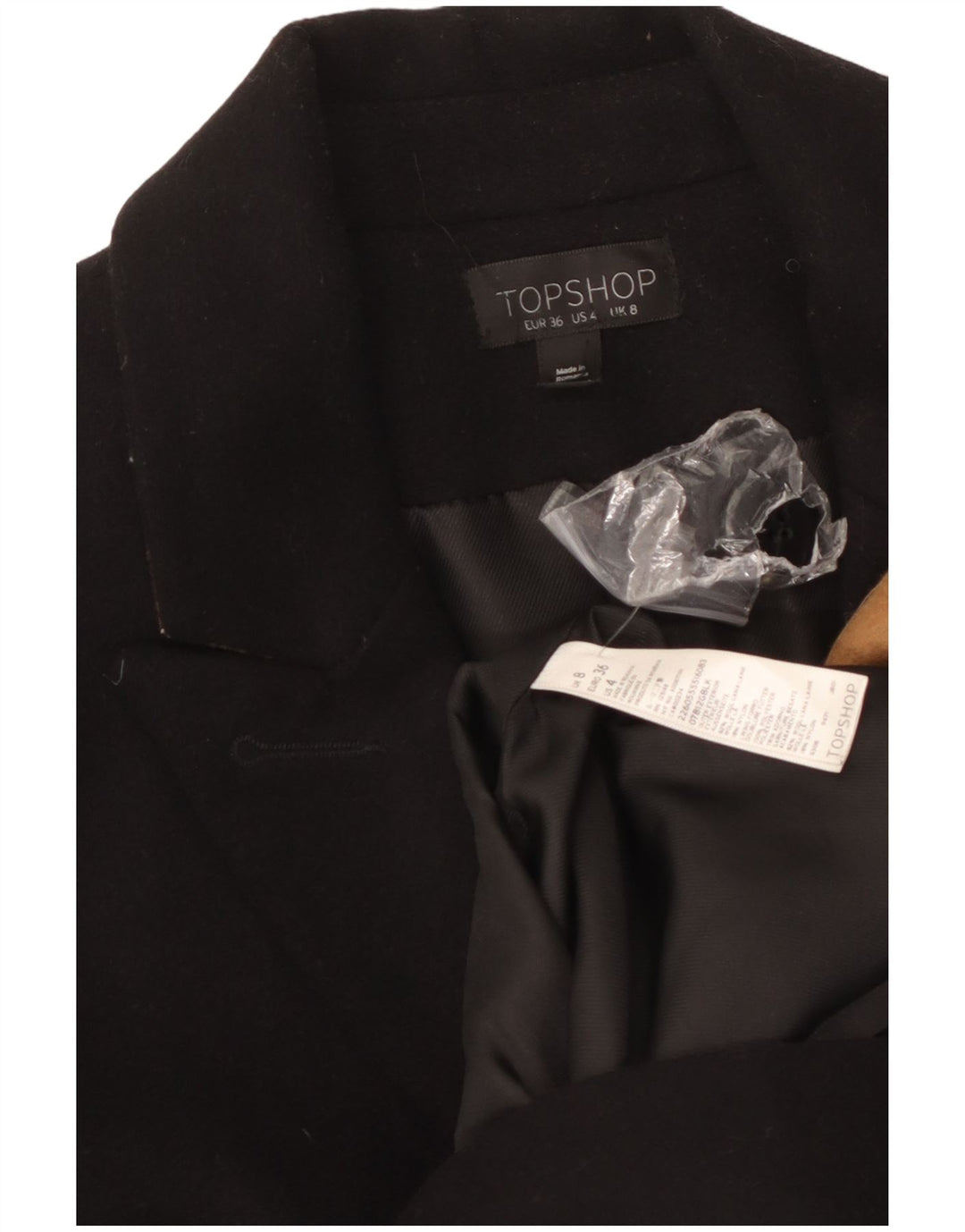 Topshop Dame Overfrakke UK 8 Lille Sort Uld