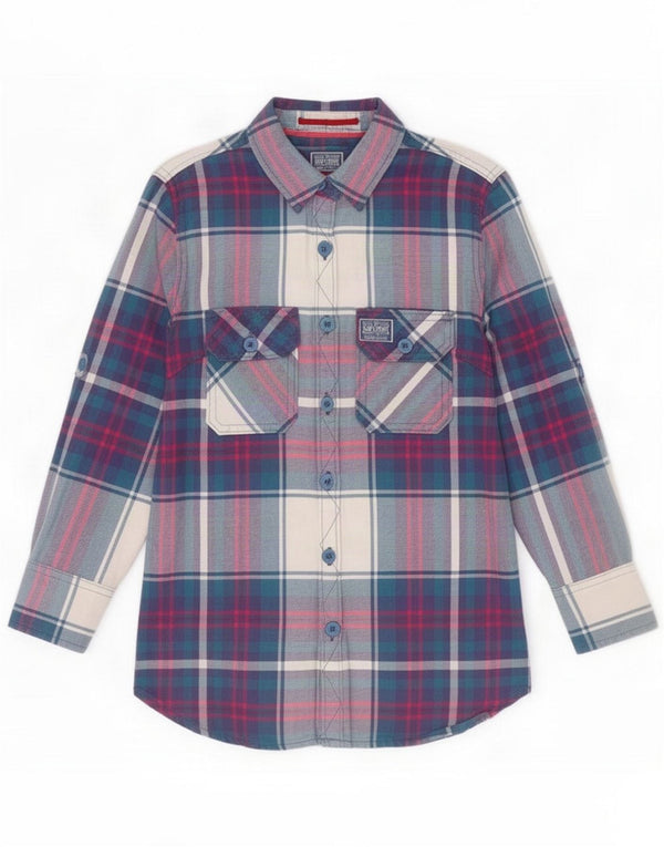 Superdry Womens Flannel Shirt UK 6 XS Blue Check Cotton
