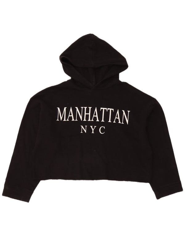 Zara Dame Manhattan Crop Grafisk Hoodie Jumper UK 14 Medium Sort Bomuld