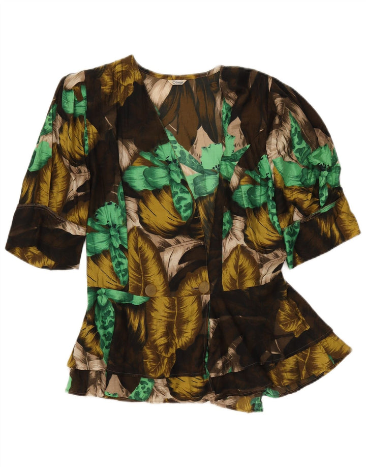 VINTAGE Kortærmet skjortebluse til kvinder IT 42 Medium Khaki Floral