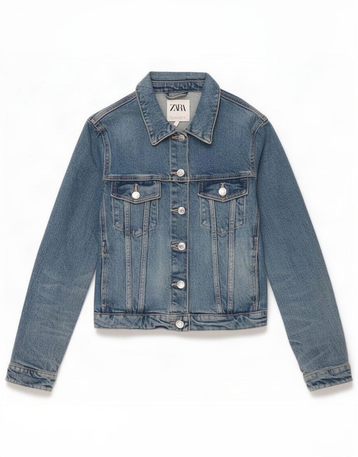 Zara Dame Crop Denim Jacket UK 10 Small Blue Cotton