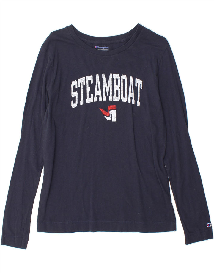 CHAMPION Womens Graphic Top Long Sleeve UK 12 Medium Navy Blue Cotton Vintage Champion and Second-Hand Champion from Messina Hembry 