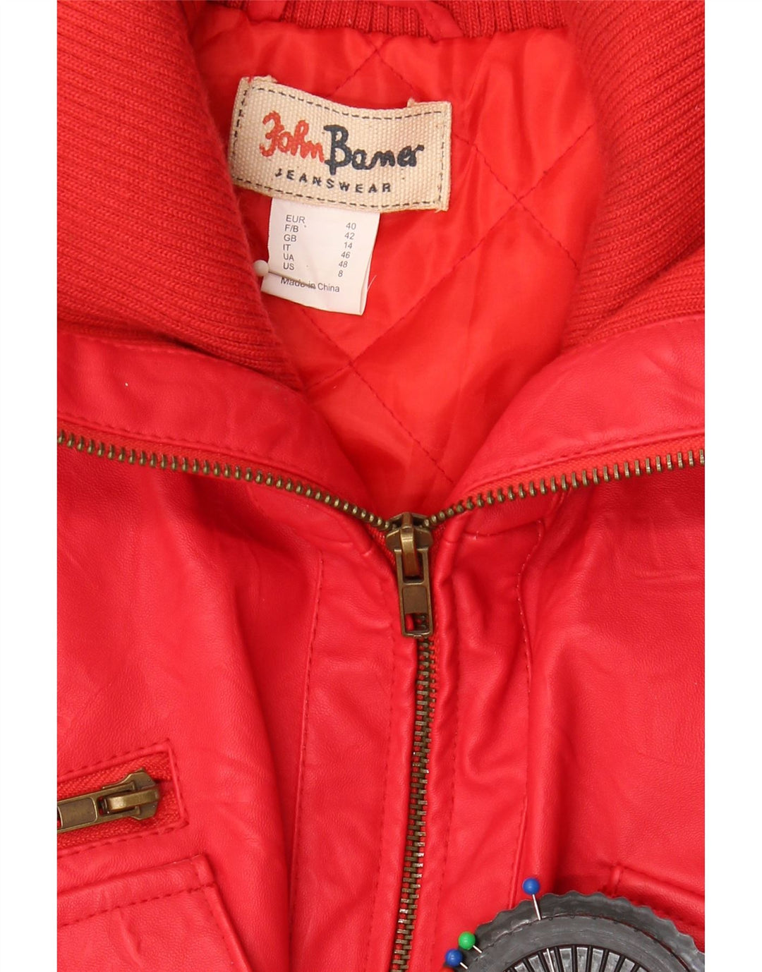 JOHN BANER Womens Faux Leather Bomber Jacket UK 14 Large Red Polyester Vintage John Baner and Second-Hand John Baner from Messina Hembry 