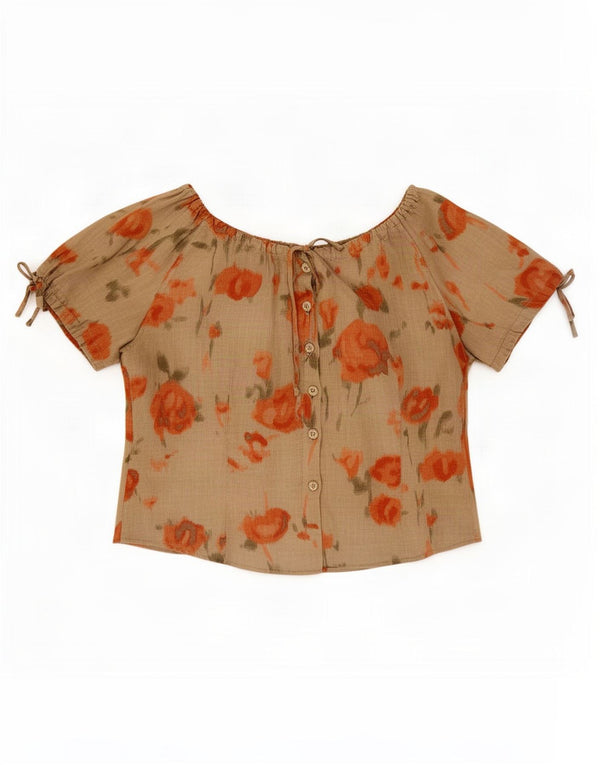Gio Anna Dame Kortærmet Skjorte Bluse IT 46 Large Khaki Floral Linen