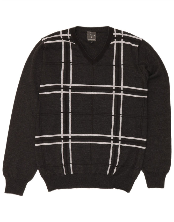 KITARO Herre V-hals sweater Stor grå ternet uld