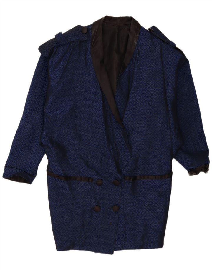 Vintage Dame Dobbeltradet Frakke UK 16 Large Navy Blue Geometric