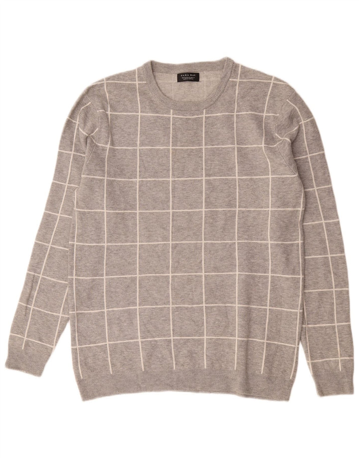 Zara Herre sweater med rund hals XL Grå ternet nylon