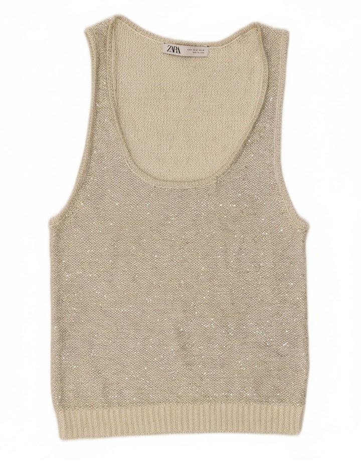 Zara Damestrik Vest Top UK 12 Medium Grå Polyester