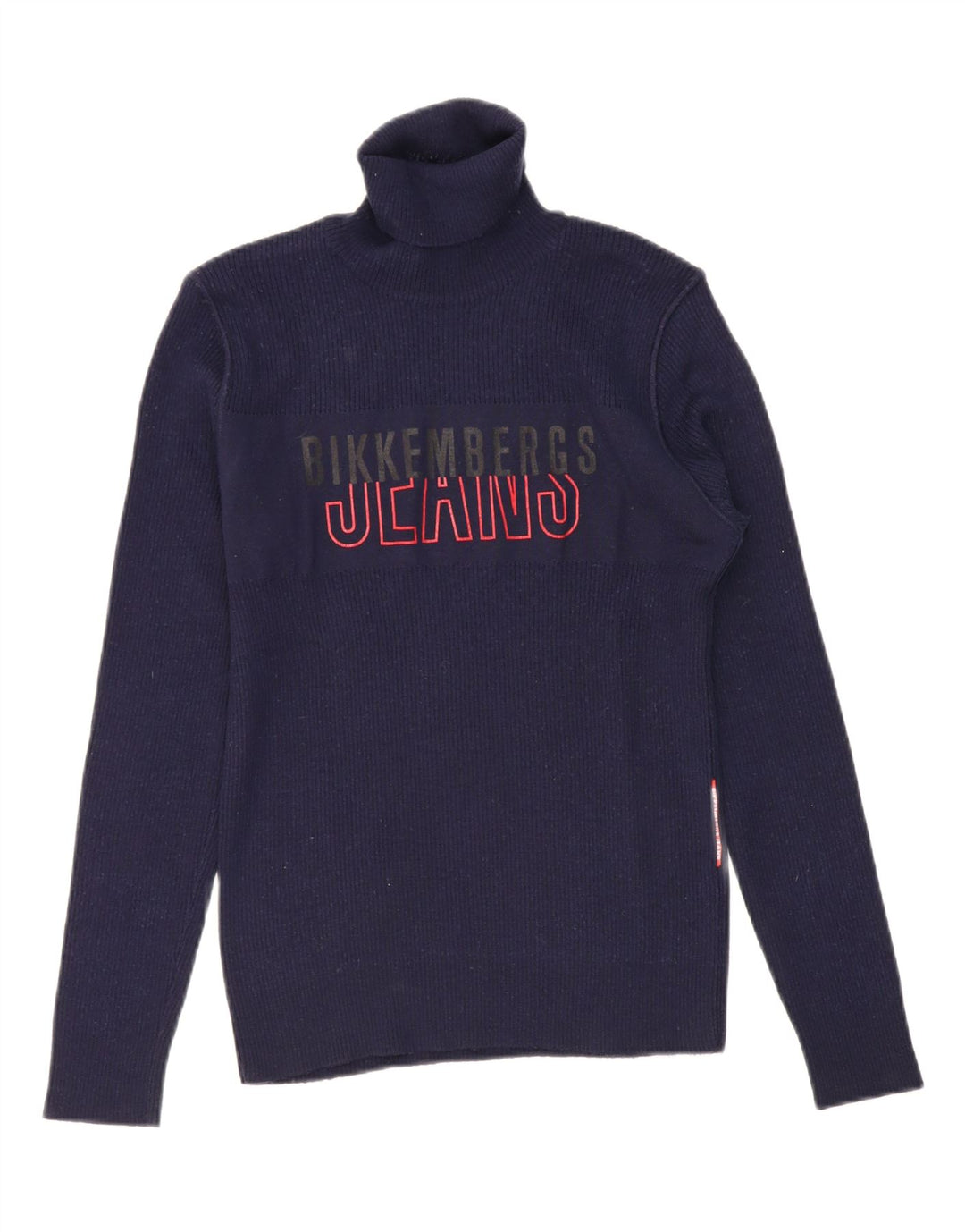 BIKKEMBERGS Mens Graphic Roll Neck Jumper Sweater Medium Navy Blue Wool Vintage Bikkembergs and Second-Hand Bikkembergs from Messina Hembry 