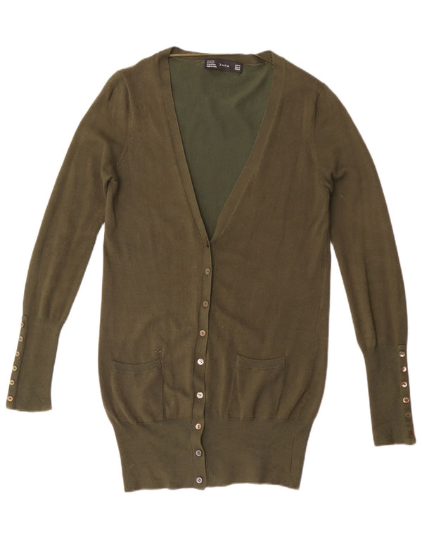 Zara Dame Longline Cardigan Sweater UK 12 Medium Khaki Rayon
