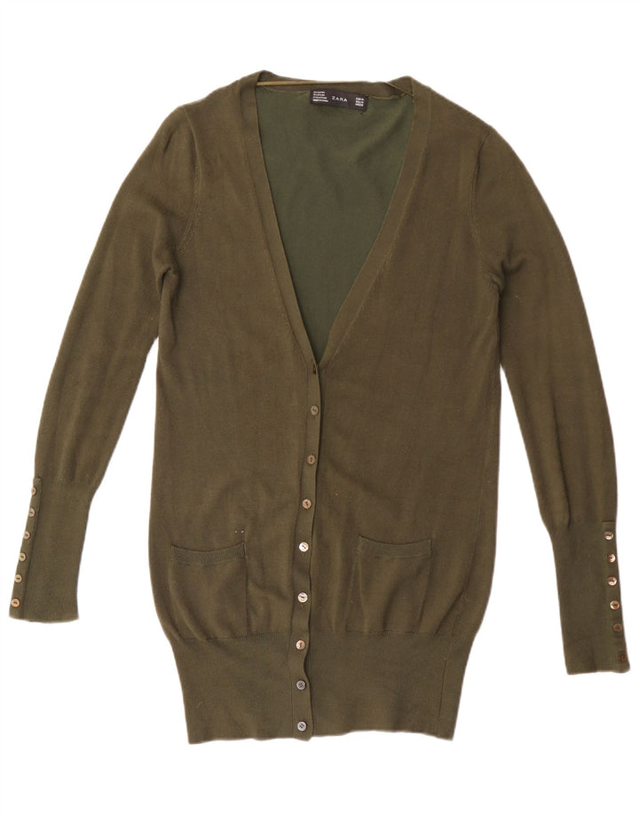 Zara Dame Longline Cardigan Sweater UK 12 Medium Khaki Rayon