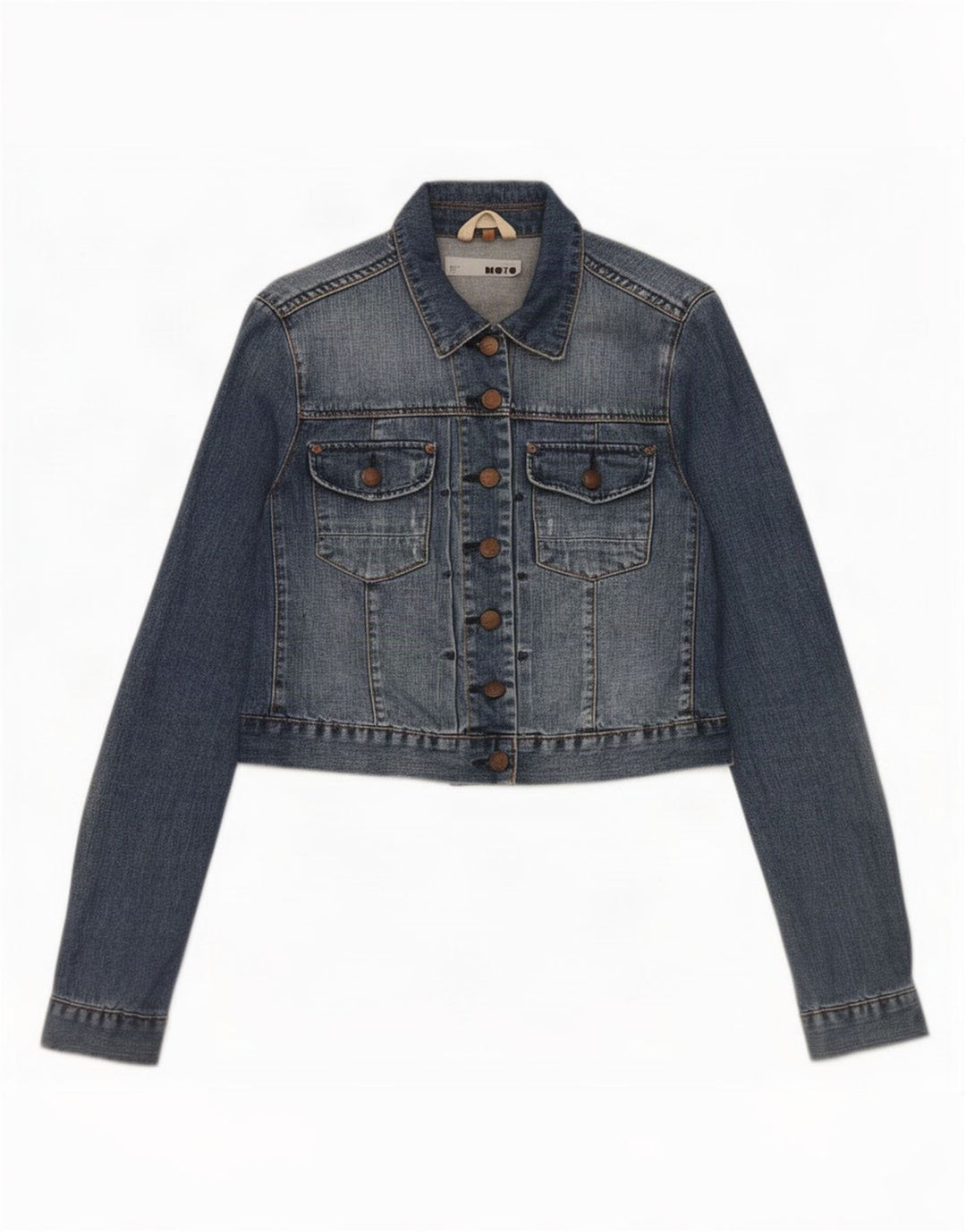Topshop Dame Crop Denim Jacket UK 12 Medium Blue Cotton
