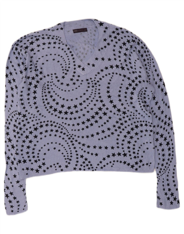 Marks & Spencer Dame V-hals sweater UK 14 Stor Blå Geometrisk