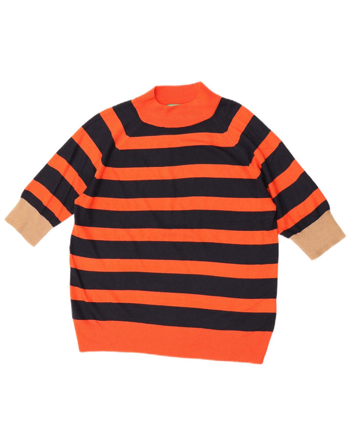 Benetton Dame Turtle Neck Jumper Sweater UK 16 Stor Orange Stribet