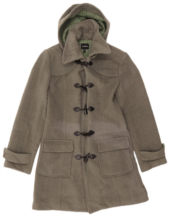 VINTAGE Duffle Coat med hætte til kvinder UK 16 Stor grå uld