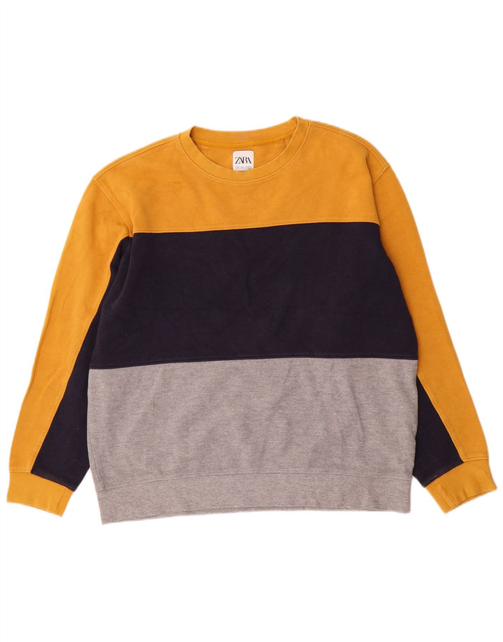 Zara Herre Sweatshirt Jumper Stor Gul Colourblock Bomuld