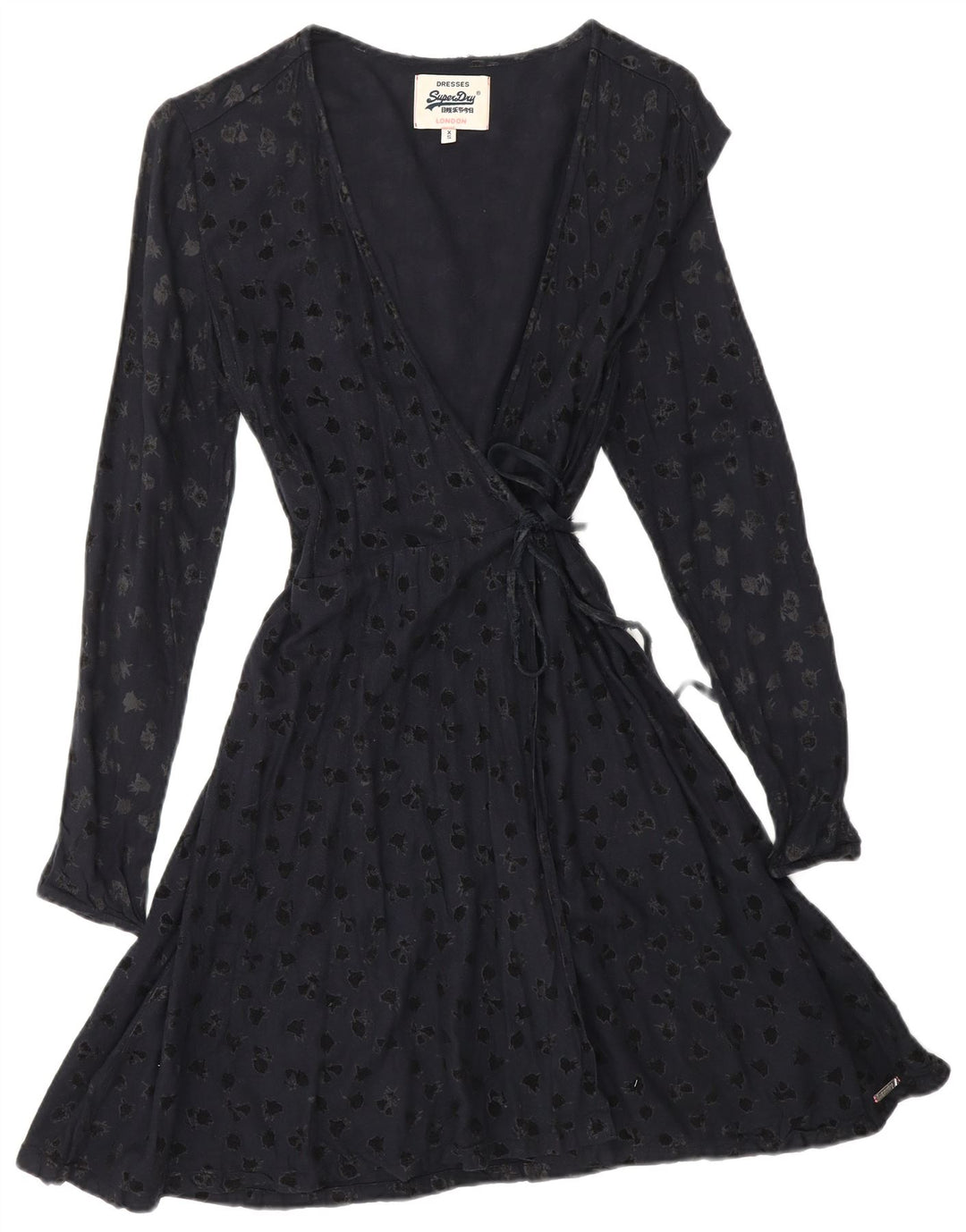 SUPERDRY kvinders abstrakt mønster langærmet slå-om-kjole UK 6 XS marineblå